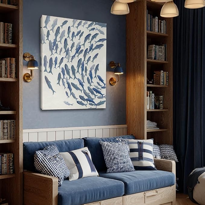 CHUDANHAO Blue and White Wall Decor Animal Decorative Paintings Fish Canvas Wall Art 30"x40" Office Decorations Artwork for Bedroom