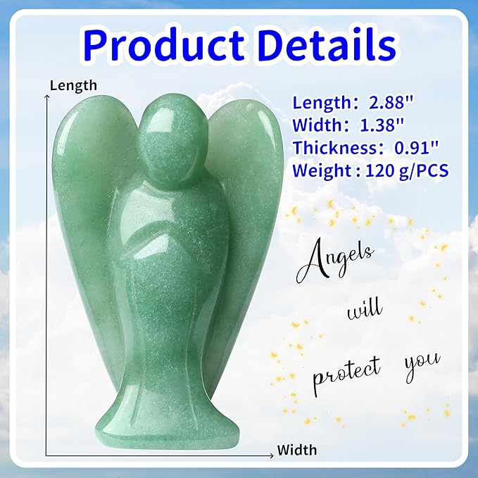 YATOJUZI 3" Green Aventurine Angel Decor Big Hand-Carved Angels Guardian Sculpture Statue Figurines Natural Crystal Stones and Healing Crystals Home Room Office Desk Decoration Wisdom Gifts for Women