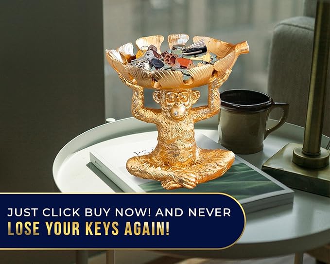 Comfify Adorable Monkey Decorative Bowl – Detailed Resin Sculpture w/Split Leaf Dish for Snacks, Nuts, Candies & More – Modern Decor Golden Finish for Keys or Jewelry