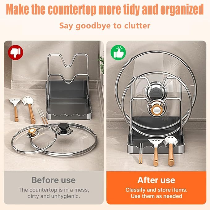 Kitchen Pot Lid Storage Rack, Pot Lid Organizer,Pot Lid Holder with Removable Drip Tray,Stainless Steel Bracket,Detachable design,Suitable for Placing pot Lids, Spoons, Cutting Boards, etc (Gray)