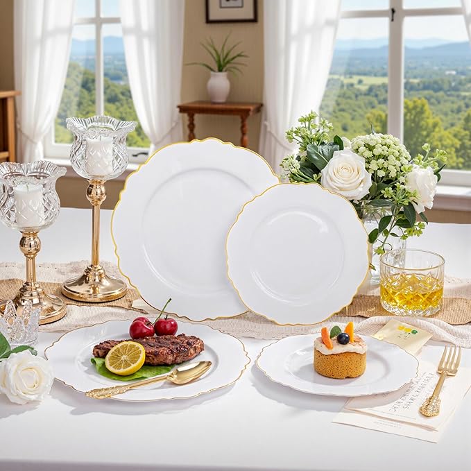 WDF 60pcs White and Gold Plastic Plates - Baroque White With Gold of 30 Heavy Duty Gold dinner plates 10.25inch, 30 Salad Plates 7.5inch Perfect for Weddings/Party/Birthday/Valentine's Days