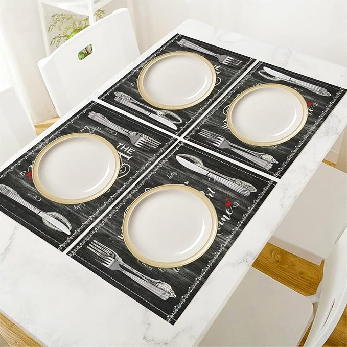 Vintage Farmhouse Placemat Set, Minimal Black White Rural Plank Art Sketch Cutlery Knife Fork Inspirational Quotes Pattern Home Decor Linen Table Mats for Dining Room Kitchen Party (17x12in) x4P