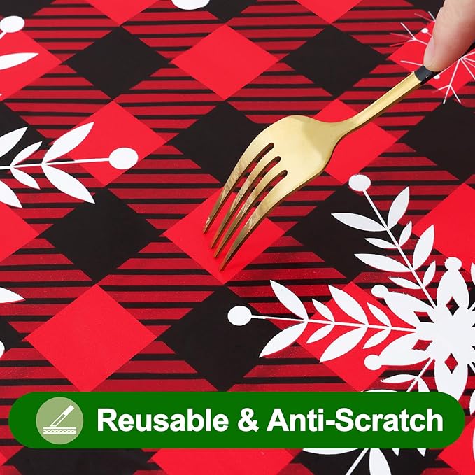 Smiry Christmas Rectangle Table Cloth, Waterproof Vinyl Tablecloth with Flannel Backing, Wipeable Bufflo Checked Snowflake Plastic Tablecloths for Christmas Table Decorations, (52"x70", Black & Red)