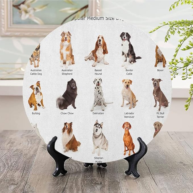 Ceramic Plates, Dog Decorative Ceramic Plates, AGroup of Different Puppy Breeds Family Type Species, 6 Inch, for Dining, Parties, Wedding, Multi