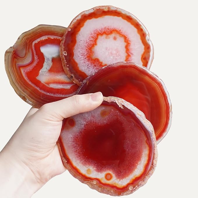 Natural Agate Coasters Set of 4 - Dyed Red Irregular Circle Stone Drink Coasters with Rubber Red 4-5" Unique Home Decor