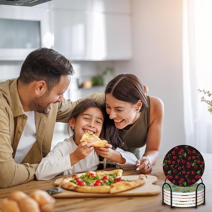 Summer Fruits Set of 6 Coasters for Drinks Absorbing Round Ceramic Stone Coaster with Cork Base,Tabletop Protection Mat for Mugs and Cups,Office,Kitchen