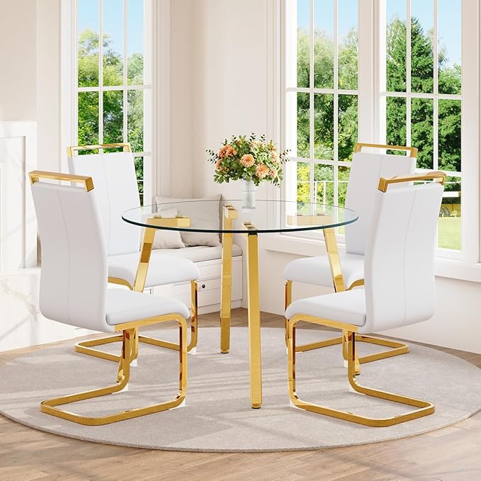 42" Round Glass Dining Table Set for 4,Modern Breakfast Table Set for 4 with Luxury Gold Chrome Legs,Space Saving Kitchen Table and White Chairs for Apartment,Easy Assembly