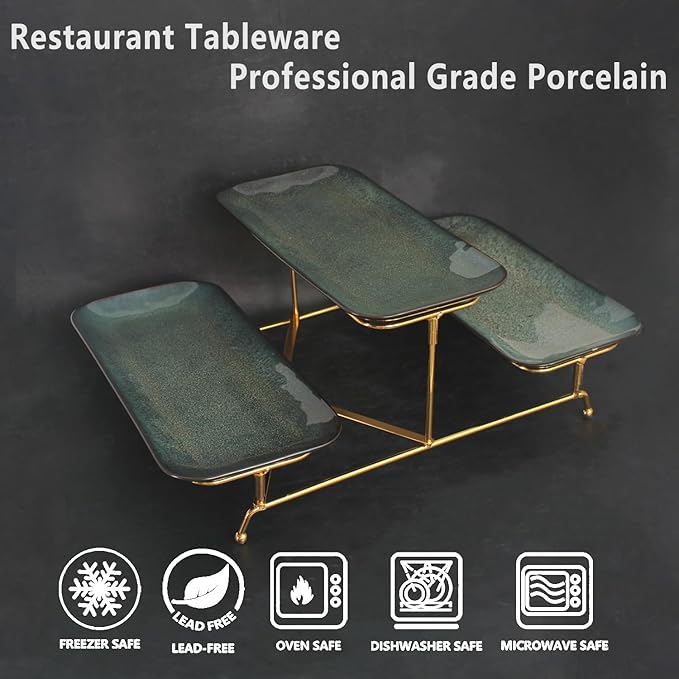 3 Tier Serving Trays for Party, 12.7 Inch Porcelain Serving Platters and Tiered Trays, Foldable Sturdy Gold Stand, for Food Display, Fruit, Cake Dessert, Decoration Entertaining, Dark Blue