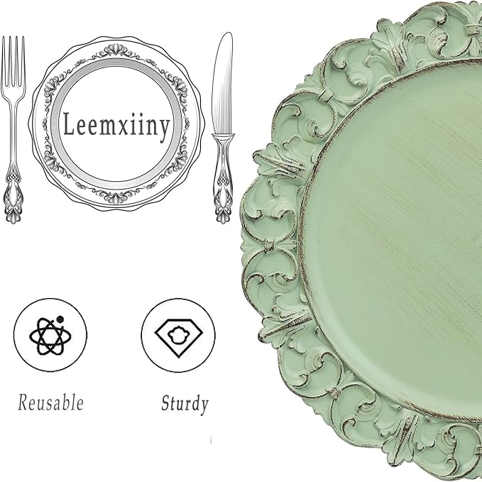 Green Charger Plates Set of 6, Decorative Table Plastic Chargers for Dinner Plates, Party, Wedding, Thanksgiving, Christmas, FD2GR