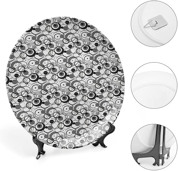 Ceramic Display Plate, Abstract Ceramic Hanging Decorative Plate, Monochrome Circles Dots Surreal Geometric Modern, 7 Inch, Living Room Kitchen Decoration Household, Grey Black White