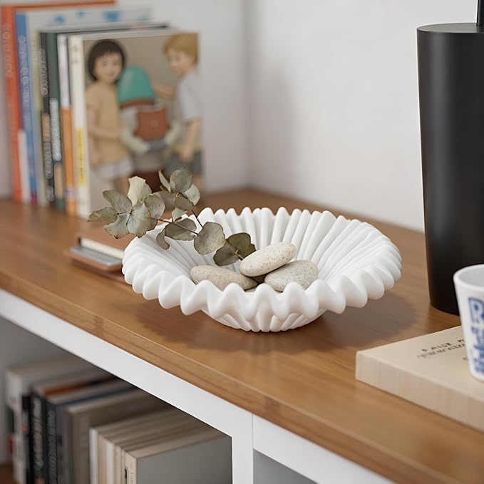 Large Decorative Bowl decor, Scalloped Pedestal Bowls for Modern Home Decor,Ruffle Decor,Stylish Key Bowl for Entry Table,Decorative Fruit Bowl for Kitchen Counter,Artificial Stone Milky White