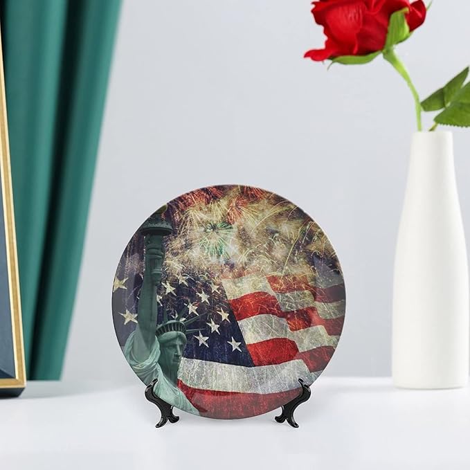 Ceramic Display Plate, American Flag Ceramic Hanging Decorative Plate, Fireworks 4th of July, 6 Inch, Household Custom Ceramic Plate, Multicolor