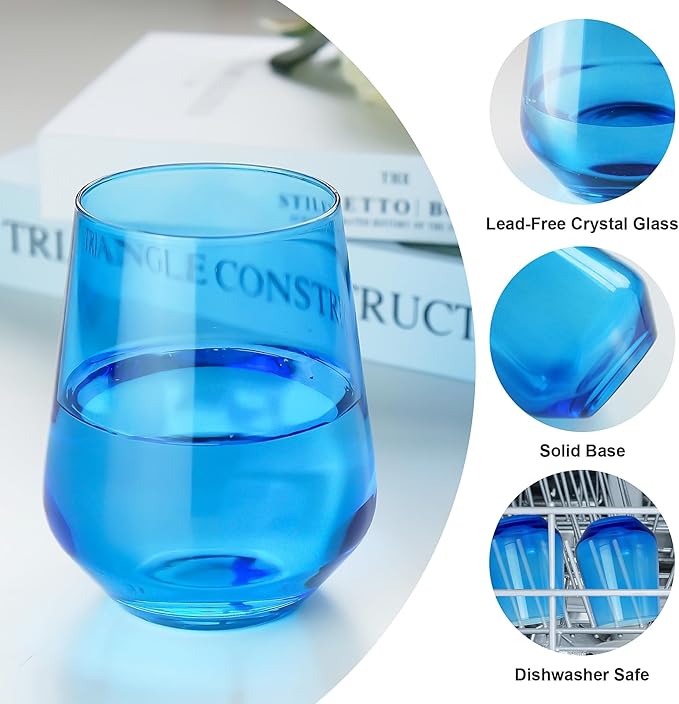 Blue Stemless Wine Glasses Set of 6, 15oz Drinking Glassware Dishwasher Safe, Wine Glass Tumblers for Red or White, Gift for Party, Holiday, Anniversary, Restaurant, Home Bar, Daily Use