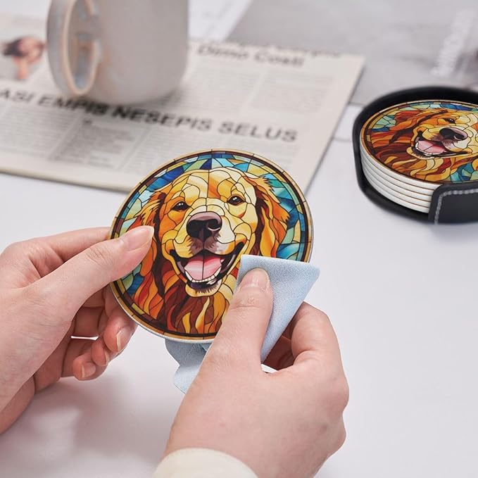 Drink Coaster Set of 6, Golden Retriever Dog Mom Lover Gift,Leather Drink Coasters with Holder,6 Pack Cup/Bar/Drink Coasters for Table/Drinks/Coffee Protection Housewarming Gift