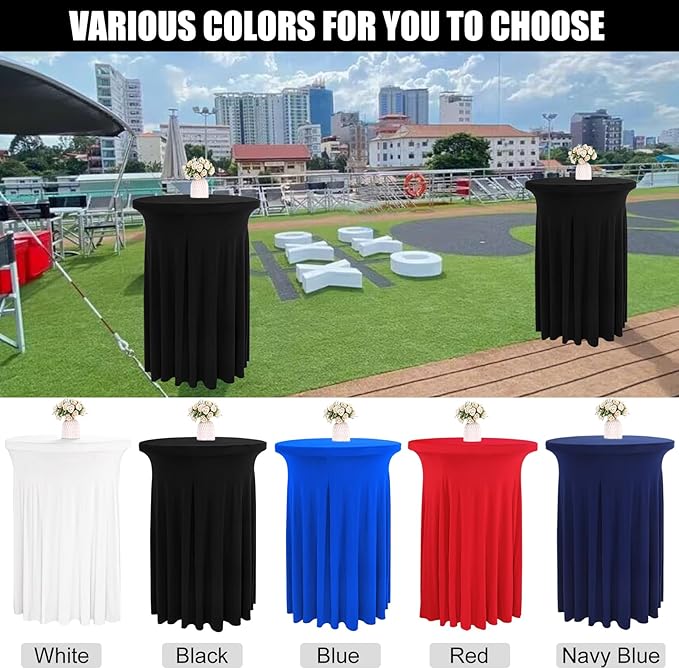 4 Packs 32 x 43 Inch Spandex Round Cocktail Table Skirts with Wavy Drapes Stretch Cocktail Tablecloth Fitted High Top Tables for Wedding Bar Party Banquet (Black)