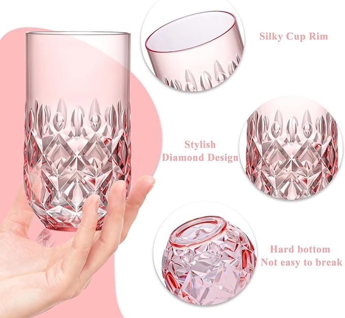 Acrylic Drinking Glasses Set of 12 Pink Mixed Drinks Glassware Unbreakable Palstic Tumbler and Rocks Glass Set 6pcs 18oz Highball and 6pcs 12 oz Cocktail Glasses for Cocktail Iced Coffee Beer Whiske