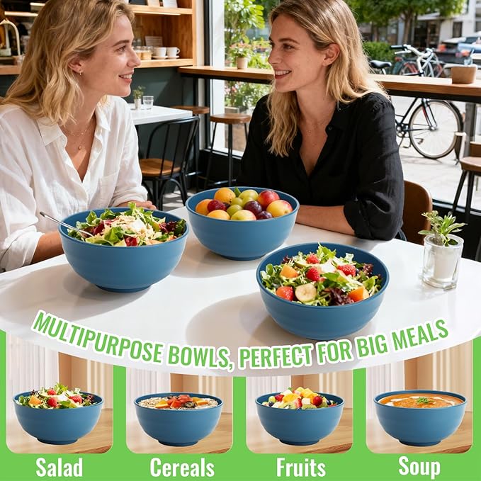 Wheat Straw Bowls Set of 6, 60 OZ Unbreakable Camping Bowls, Microwave Safe & Dishwasher Safe, Large Salad Bowls for Outdoor, Picnic, RV Trips, Ramen, Cereal, Soup, Dark Blue