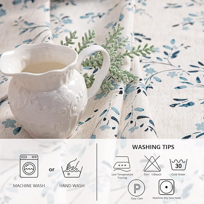 Mysky Home Rectangle Table Cloth 60x102 Inch - Spring Summer Floral Tablecloth, Waterproof Linen Fabric Oblong Table Cloth for Kitchen Dining Tablecloth for 4 Feet Table Blue, Small Blue Flower Design