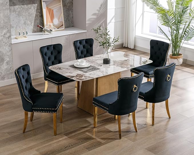 KCC Velvet Dining Chairs Set of 2, Upholstered High-end Tufted Dining Chair with Nailhead Back Ring Pull Trim Stainless Steel Legs, Contemporary Nikki Collection Modern Style for Kitchen, Black