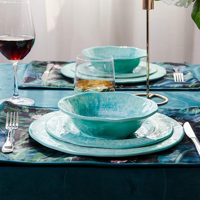 12 Pcs Melamine Dinnerware Sets, Durable Dishware Melamine Dinner Plates for Indoor and Outdoor, Aqua Plates and Bowls Sets, Dishwasher Safe Shatter Proof Chip Resistant Not Microware Not Oven(Green）