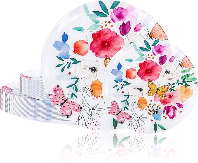 DaYammi 20Pcs Plastic Plates with Watercolor Floral-Disposable Plates Heavy duty Watercolor Floral & Butterfly Plastic Plate 10.25in Dinner plates and 7.5in Dessert plates for Valentine's Day Party