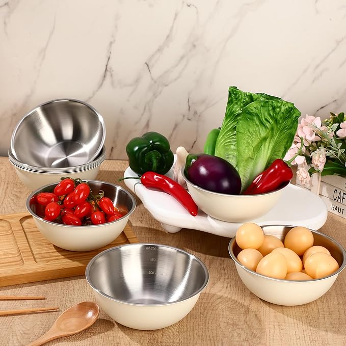 12 Pcs 0.74qt Stainless Steel Mixing Bowls Nesting Metal Prep Salad Bowls with Scale Reusable Baking Cooking Food Soup Storage Organizers for Kitchen Refrigerator