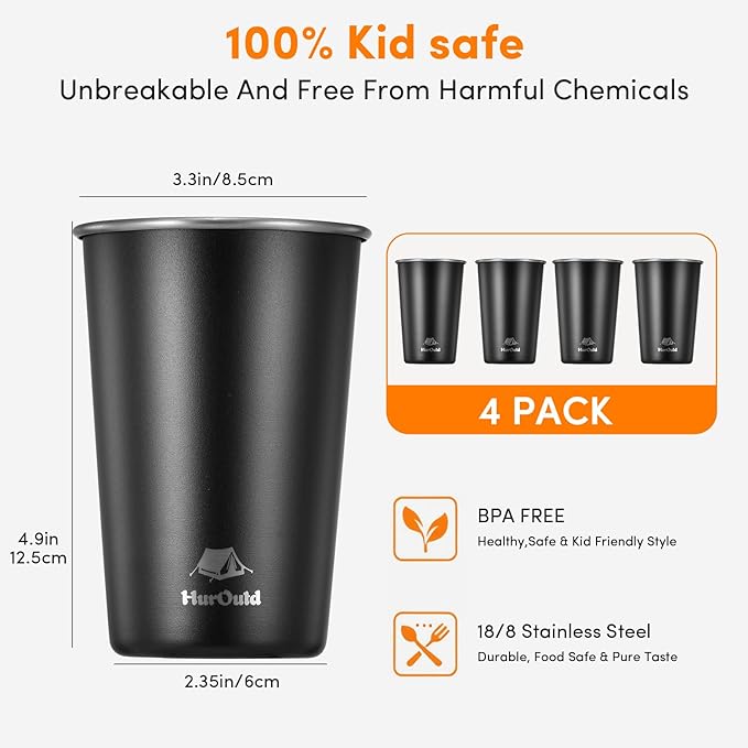 4 Pack Stainless Steel Cups 16oz -Black Stackable Metal Drinking Glasses for Camping, Travel, Shatterproof Tumblers