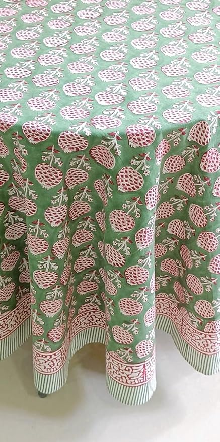 ATOSII Roma Green 100% Cotton Round Tablecloth, Handblock Print Floral Table Cloth for Kitchen Dining Linen I Parties, Weddings, Outdoors, Spring Summer Decor I 60" Inches Round