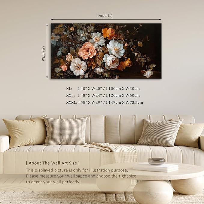 ADJUVANT Wall Art Vintage Floral Bouquet 40" L x 20" W, Old Fashioned Flowers Canvas Painting Romantic Artwork Classic Blooms Prints Botanic Wall Decor for Living Room Bedroom Dining Room Home Office