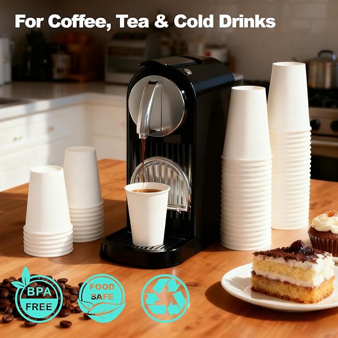 Paper Coffee Cups 12 OZ Disposable Hot and Cold Cups, Leak-Proof White Cups for Coffee, Tea, Ideal for Home, Office, and Events (100 Count)