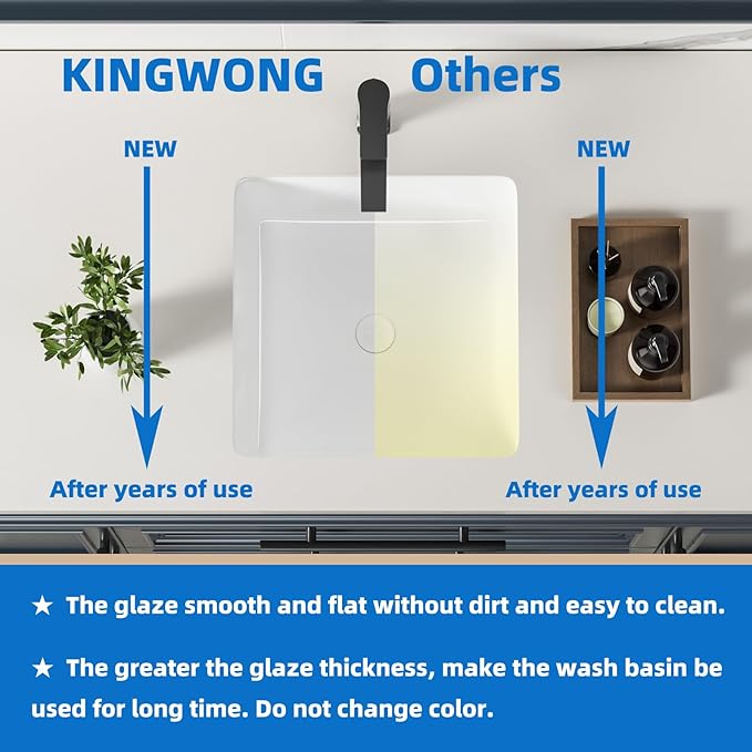 16 Inch Small Square White Undermount Bathroom Sink 16.15" x 16.15" Vanity Under Counter Basin Porcelain Rectangle Vessel Sink for Tiny Place Opening Size 14.17" x 14.17" Lavamanos Para Baños KINGWONG