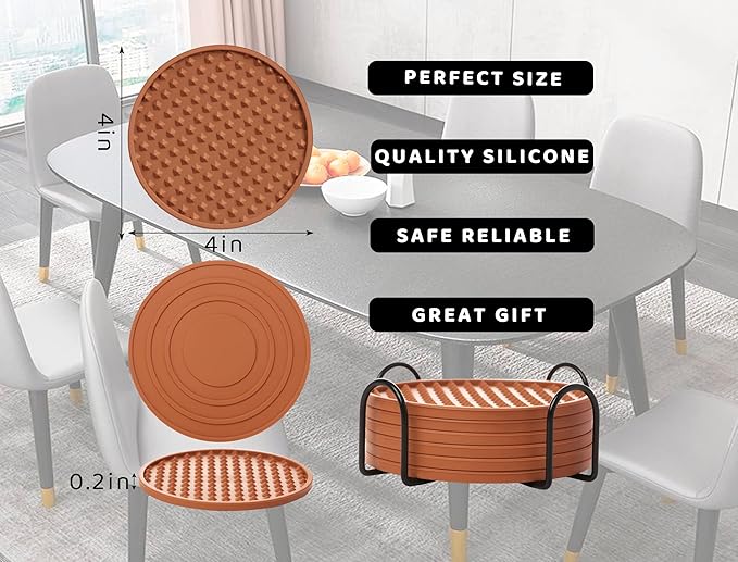 Coasters for Drinks 6 Pack Drinking Plastic Coaster with Holder,Heat Resistant Silicone Cup Mat Tabletop Protection,Non-Slip Rubber Coasters for Kinds of Cups (Brown)