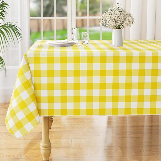 misaya Rectangle Waterproof Vinyl Table Cloth, Buffalo Flannel Backed Tablecloth, Wipeable Plastic Table Cover for Dinner, Kitchen, Outdoor (60" x 102", Yellow and White)