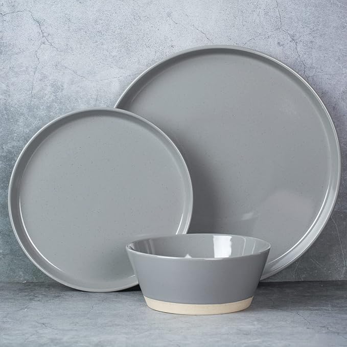 Famiware Saturn Dinnerware Sets for 4, 12 Pieces Stoneware Plates and Bowls Dish Set - Chip and Scratch Resistant, Microwave and Dishwasher Safe Tableware, Dark Gray
