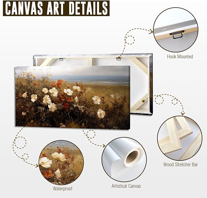 ADJUVANT Wall Art Vintage Coastal Wildflower Field 48"L x 24"W, Seaside Meadow With White And Orange Blooms Canvas Painting Nature Artwork Retro Floral Prints Botanic Wall Decor for Living Room Bedroom