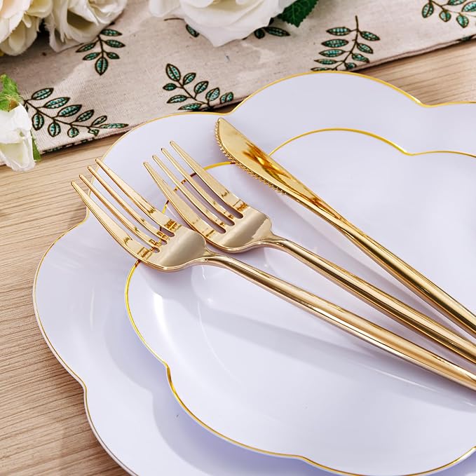 EI 180pcs White Plastic Plates with Gold Plastic Silverware,Heavy-Duty Disposable Plates for Party,White Dinnerware Set for 30 Guest Wedding,Birthday,Spring Afternoon Tea