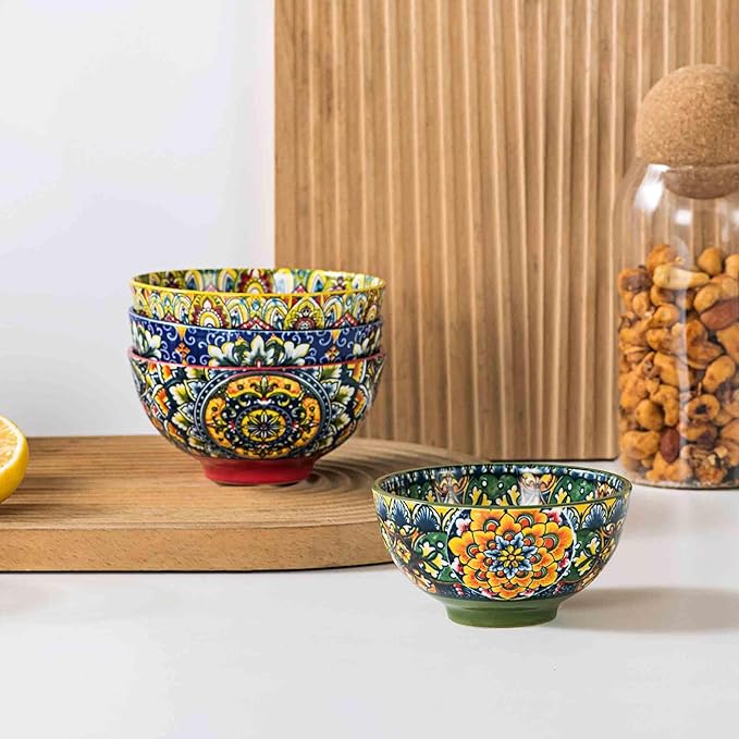 Henten Home Ceramic Dessert Bowls Set of 4, Bohemia 10 oz Snack Serving Bowl, Porcelain Colorful Bowls for Sauce, Fruits, Ice Cream, Soup, Decorative, Microwave & Dishwasher Safe