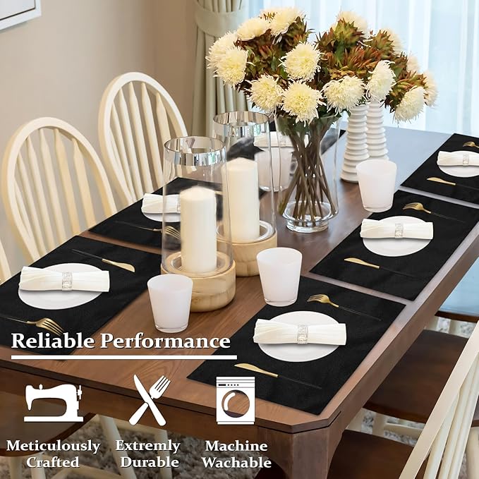 Cloth Placemats Set of 4, Cotton Linen Blend Machine Washable Double Layered Durable Place Mats Heat Resistant Placemats Wrinkle Free Thick Fabric Dining Table Mats (Black, 4)