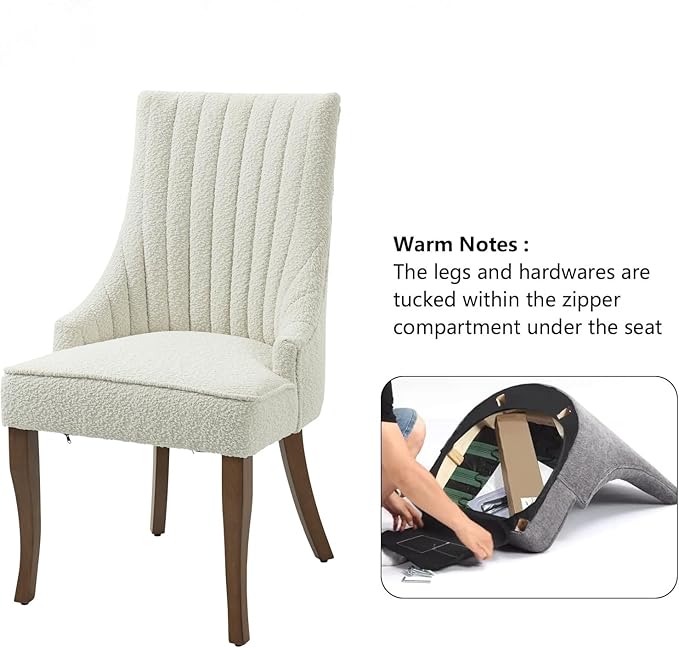 mikibama Boucle Dining Chairs Set of 4 Channel Tufted Kitchen Dinner Chair Comfy Teddy Fabric Upholstered Accent Chair for Dining Room with Solid Wood Legs (Off White 4pc)