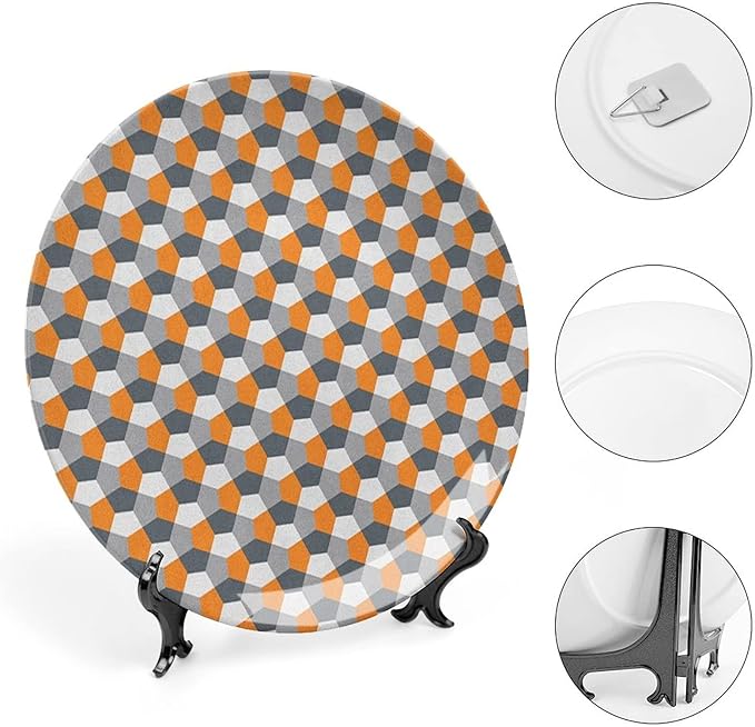 Ceramic Plates, Abstract Decorative Ceramic Plates, Modern Style Mosaic Tile with Hexagonal Shapes, 10 Inch, Household Plates Decorative, Grey Charcoal Grey Orange