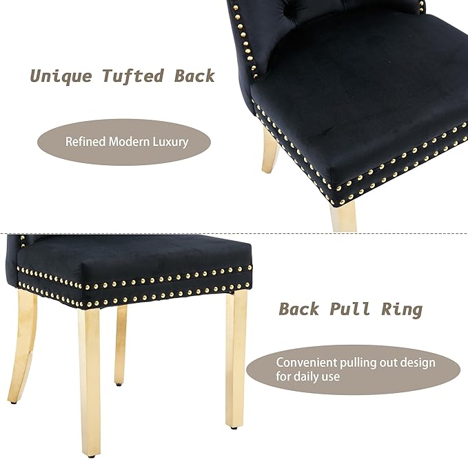 KCC Velvet Dining Chairs Set of 6, Upholstered High-end Tufted Dining Chair with Nailhead Back Ring Pull Trim Stainless Steel Legs, Contemporary Nikki Collection Modern Style for Kitchen, Black