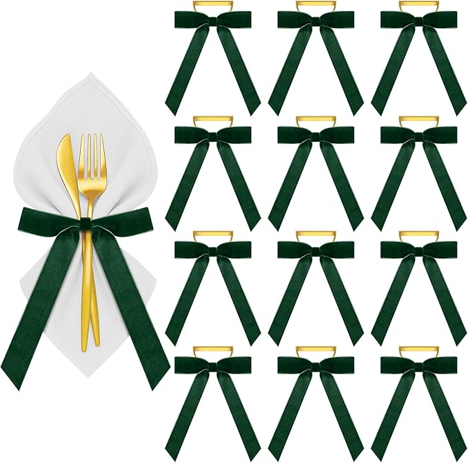 Riceshoot Velvet Bow Napkin Rings Bows with Gold Semicircle Metal Napkin Ring Velvet Bow Holder for Wine Bottles Table Settings Candlestick Wedding Valentine's Day Dinner(Green,12 Pcs)