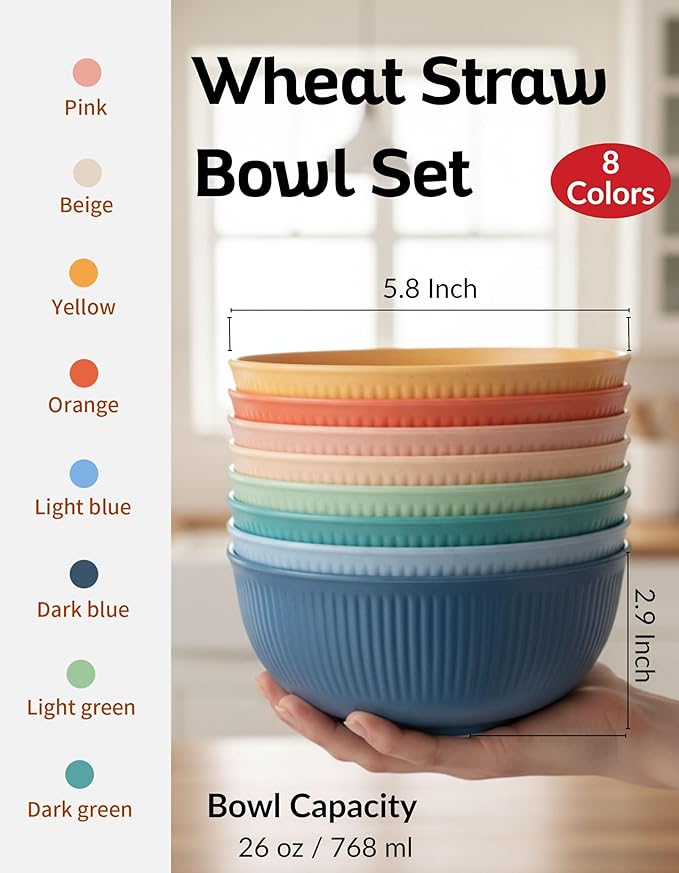 Boxiki Kitchen Wheat Straw Bowl Set – 8-Piece | Unbreakable Lightweight Cereal, Salad & Soup Bowls | Eco-Friendly BPA-Free Dinnerware | Microwave & Dishwasher Safe, Stackable
