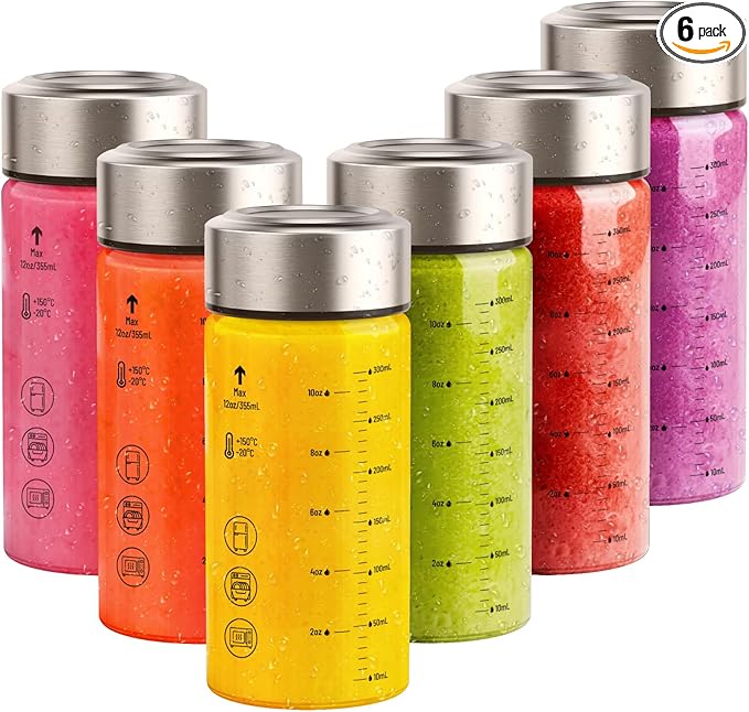 Sursip Glass Juice Bottles 6 Pack 12 oz – Wide Mouth Borosilicate Glass Bottles with Lids – Heat-Resistant, Leakproof, BPA Free, Reusable for Juicing, Smoothies, Milk, Protein Drinks, Water