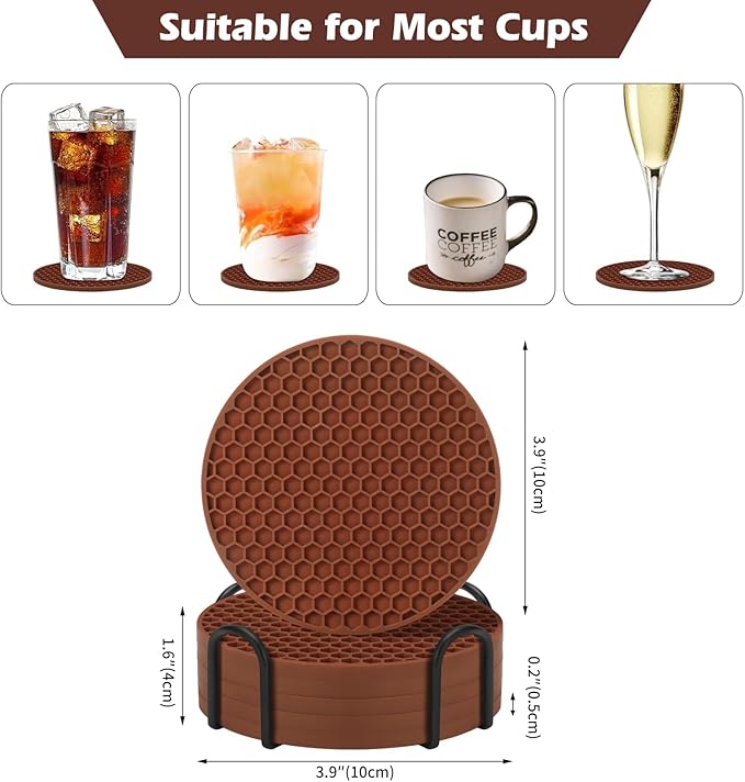 Coasters Set of 6,Coasters for Drinks,Coffee Table Decor Coaster with Holder,Suitable for Kinds Cup,Anti-SLI,Heat-Resisting,Silicone Cup Coaster and Home Decor (6 Pcs, Brown)