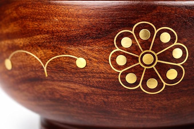AMERZONE Handcrafted Sheesham Wood Bowl Set | Decorative Brass Inlay | 6, 5, 4 Inch Nested Serving Bowls for Salad, Snacks, Dry Fruits & Ice Cream | Stackable Kitchen Serveware (Set of 3)