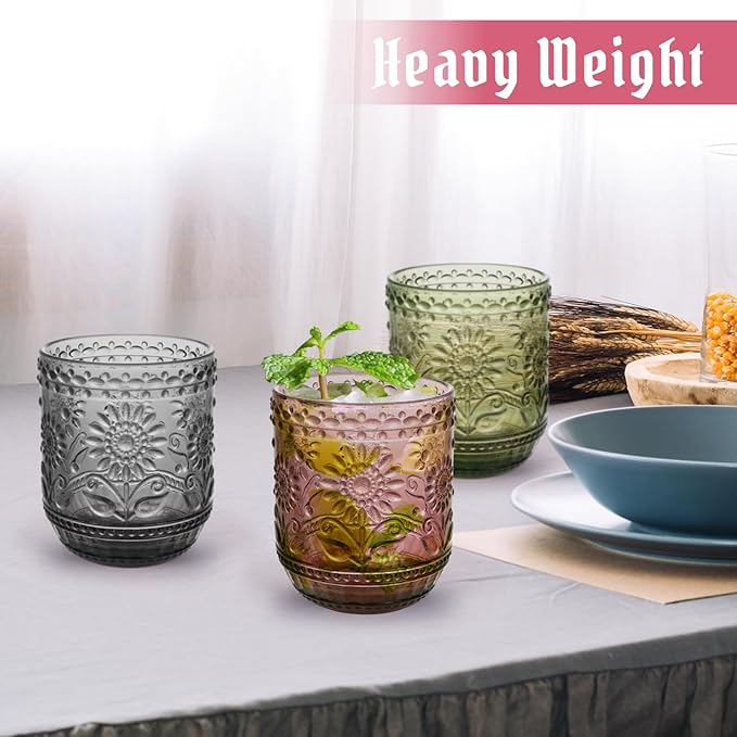 Topsky Vintage Drinking Glass Set of 6,12 oz Embossed Floral Decorative Glassware Set,Glass Cups Wine Glasses Beverages Tumblers Colored Glassware for Whisky,Beer,Juice,Cocktail,Heavy Duty