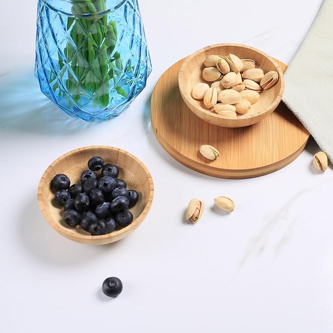 Bamboo Snack Bowls, Small Low Serving Bowls for Charcuterie/Fruit/Candy, 3.4 oz Handmade Dipping Bowl for Spice/Salsa/Tomato Sauce, Farmhouse Wooden Ramekins for Kitchen Set of 2
