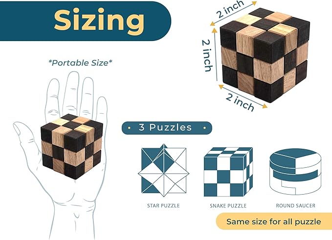 BSIRI 3 Puzzles in a Box - Wooden Brain Teaser Puzzle, 3D Mind Puzzle for Adults, Educational Kids Games, and Brain Games for Kids, Ideal for Birthday Gifts and Patio Decor