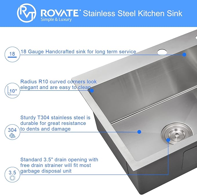 ROVATE 24 × 18 Inch Drop-in Topmount Kitchen Sink Single Bowl, 304 Stainless Steel Handmade Overmount Kitchen Sink with Basket Strainer, 24 x 18 x 9 inch